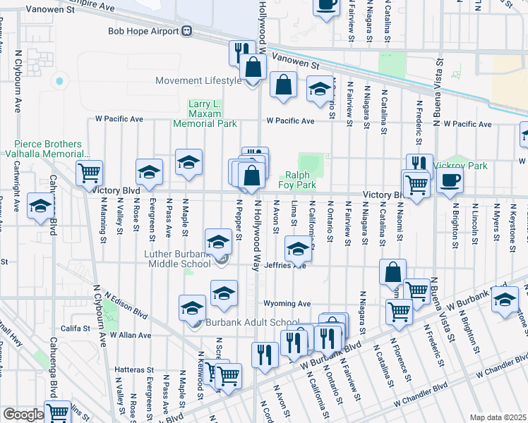 map of restaurants, bars, coffee shops, grocery stores, and more near 1817 North Avon Street in Burbank