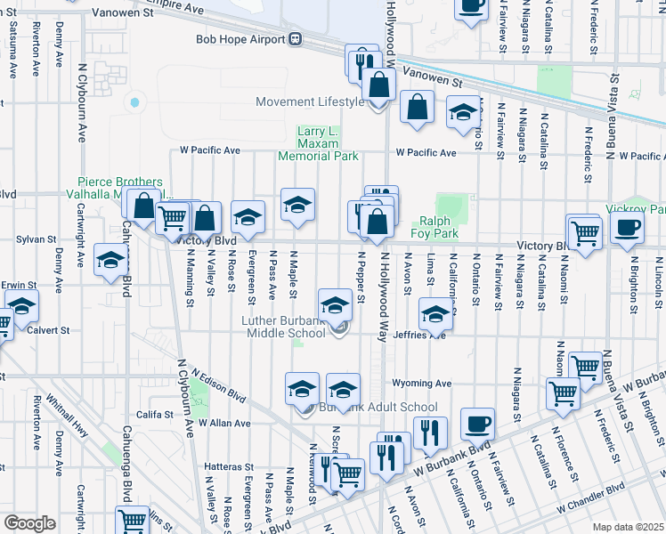 map of restaurants, bars, coffee shops, grocery stores, and more near 1915 North Screenland Drive in Burbank