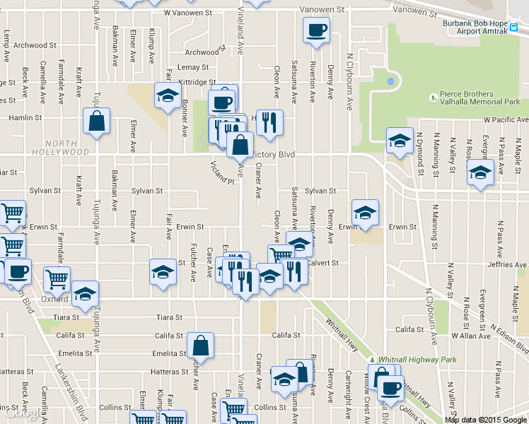 map of restaurants, bars, coffee shops, grocery stores, and more near 10945 Erwin Street in Los Angeles