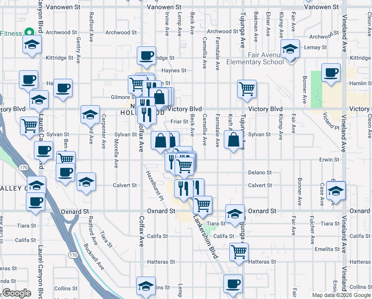 map of restaurants, bars, coffee shops, grocery stores, and more near 11565 Erwin Street in Los Angeles