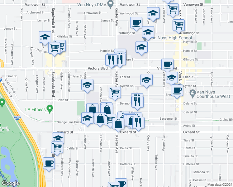 map of restaurants, bars, coffee shops, grocery stores, and more near 6235 Kester Avenue in Los Angeles