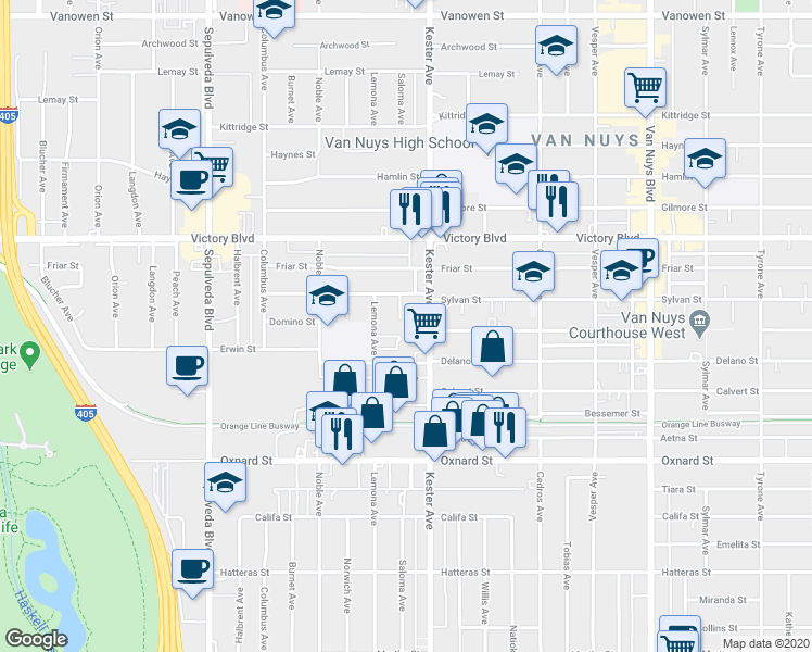map of restaurants, bars, coffee shops, grocery stores, and more near 6235 Kester Avenue in Los Angeles