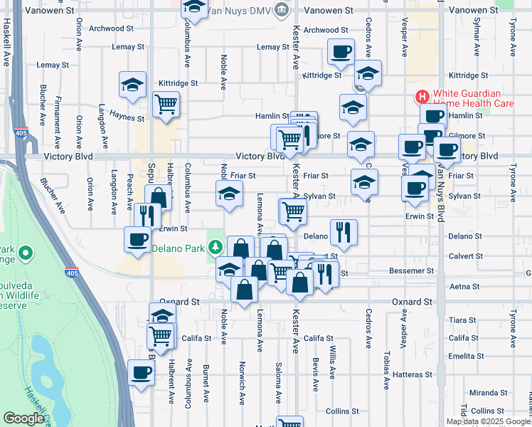 map of restaurants, bars, coffee shops, grocery stores, and more near 6234 Lemona Avenue in Los Angeles