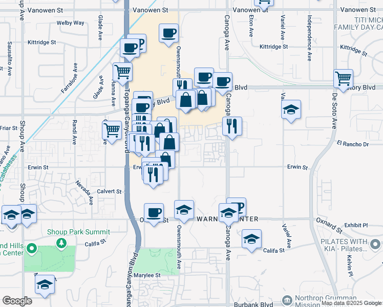 map of restaurants, bars, coffee shops, grocery stores, and more near 6220 Owensmouth Avenue in Los Angeles