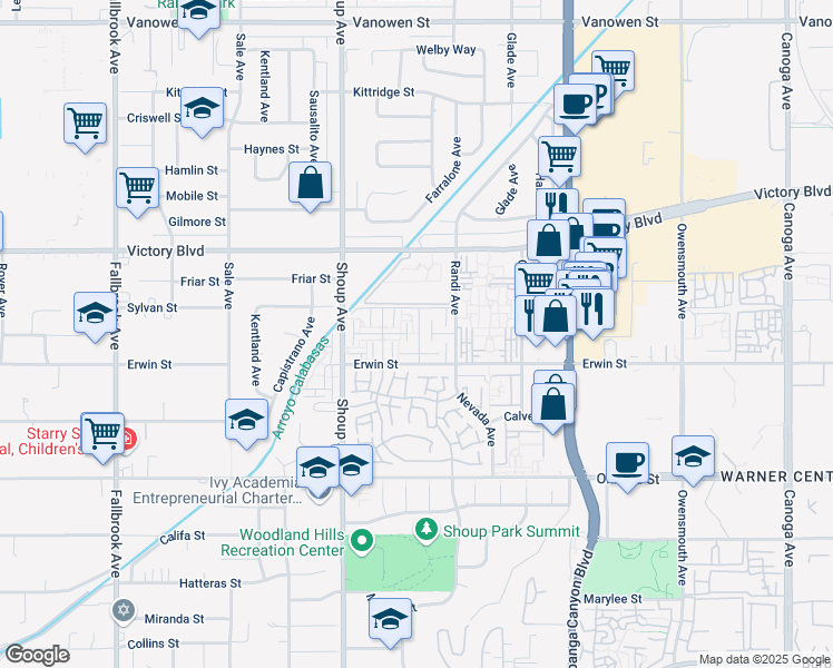 map of restaurants, bars, coffee shops, grocery stores, and more near 22261 1/4 Erwin Street in Los Angeles