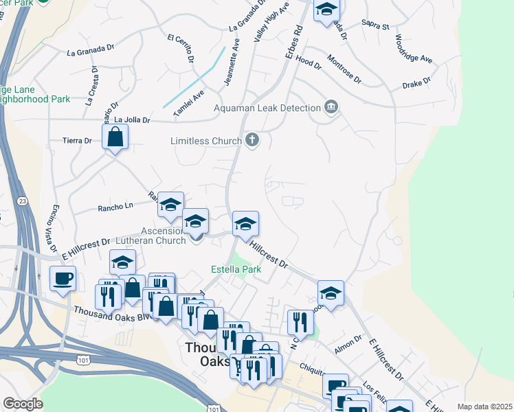 map of restaurants, bars, coffee shops, grocery stores, and more near 474 Erbes Road in Thousand Oaks