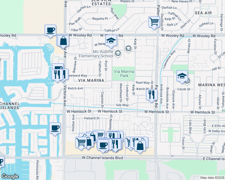 map of restaurants, bars, coffee shops, grocery stores, and more near 1730 Narrows Court in Oxnard