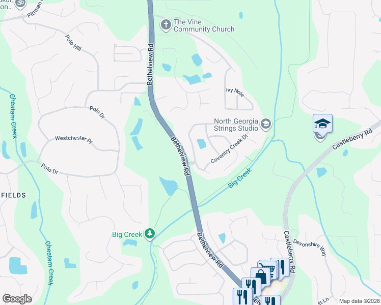 map of restaurants, bars, coffee shops, grocery stores, and more near 5135 Oak Hill Terrace in Cumming