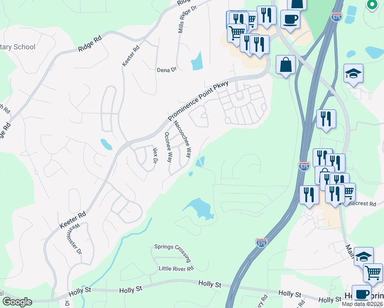 map of restaurants, bars, coffee shops, grocery stores, and more near 147 Nacoochee Way in Canton