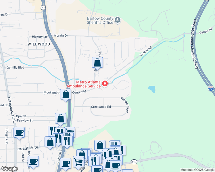 map of restaurants, bars, coffee shops, grocery stores, and more near 74 Center Road in Cartersville