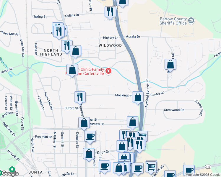 map of restaurants, bars, coffee shops, grocery stores, and more near 101 Lewis Drive in Cartersville
