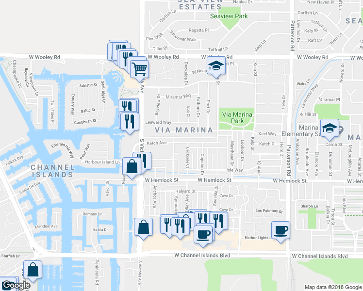 map of restaurants, bars, coffee shops, grocery stores, and more near 3604 Ketch Avenue in Oxnard