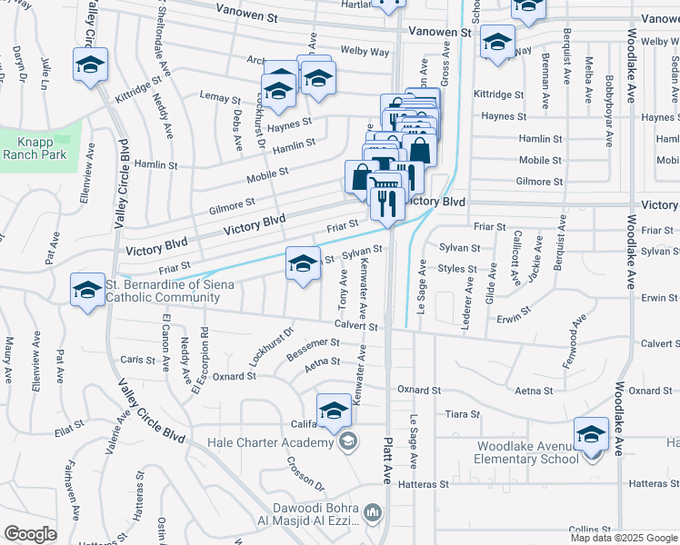 map of restaurants, bars, coffee shops, grocery stores, and more near 6213 Tony Avenue in Los Angeles