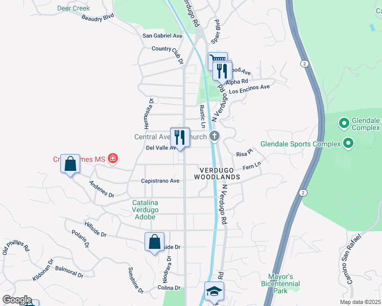 map of restaurants, bars, coffee shops, grocery stores, and more near 2518 Canada Boulevard in Glendale