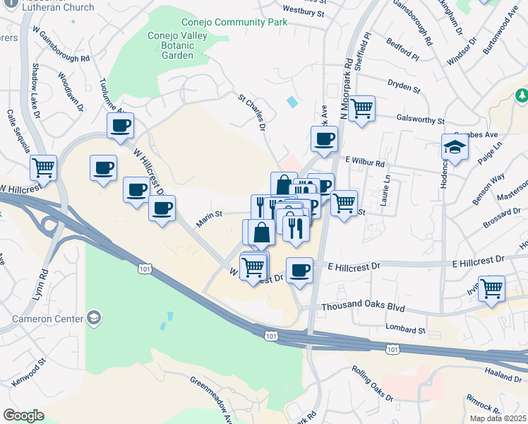 map of restaurants, bars, coffee shops, grocery stores, and more near 191 West Wilbur Road in Thousand Oaks