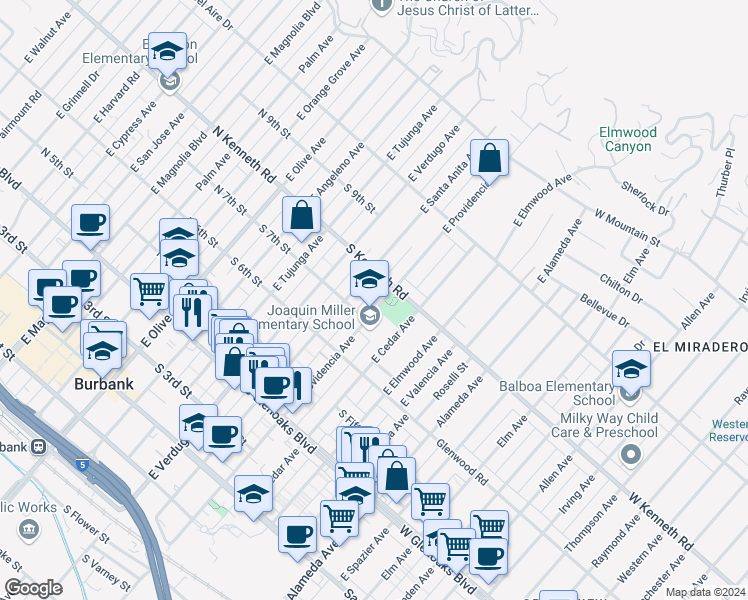 map of restaurants, bars, coffee shops, grocery stores, and more near 719 East Providencia Avenue in Burbank
