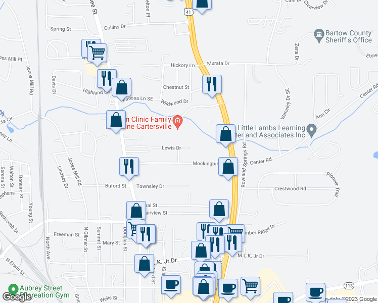 map of restaurants, bars, coffee shops, grocery stores, and more near 105 Lewis Drive in Cartersville