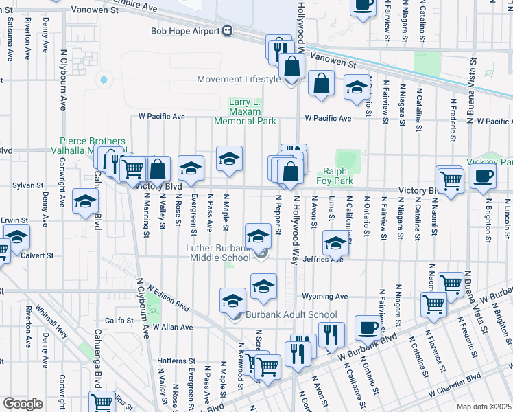 map of restaurants, bars, coffee shops, grocery stores, and more near 1915 North Screenland Drive in Burbank