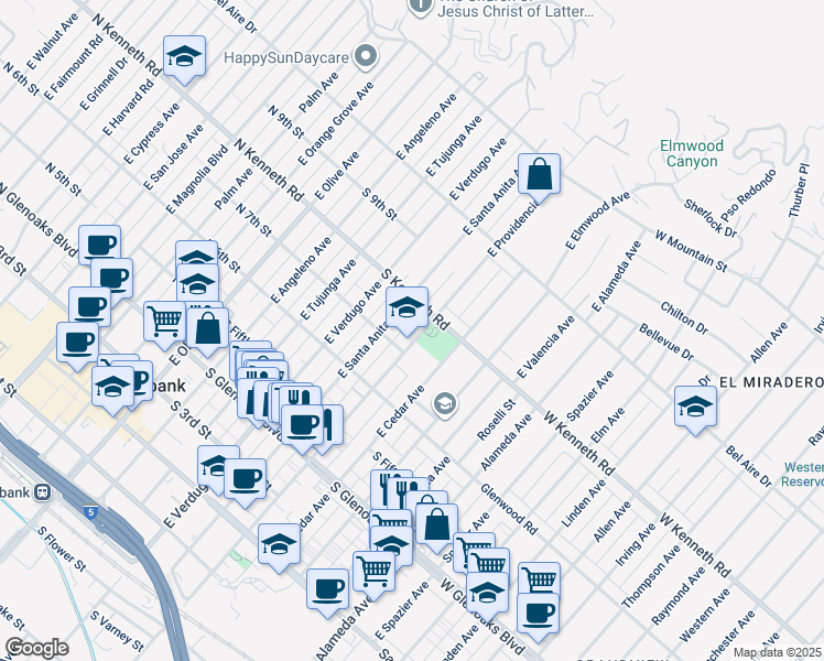 map of restaurants, bars, coffee shops, grocery stores, and more near 719 East Providencia Avenue in Burbank