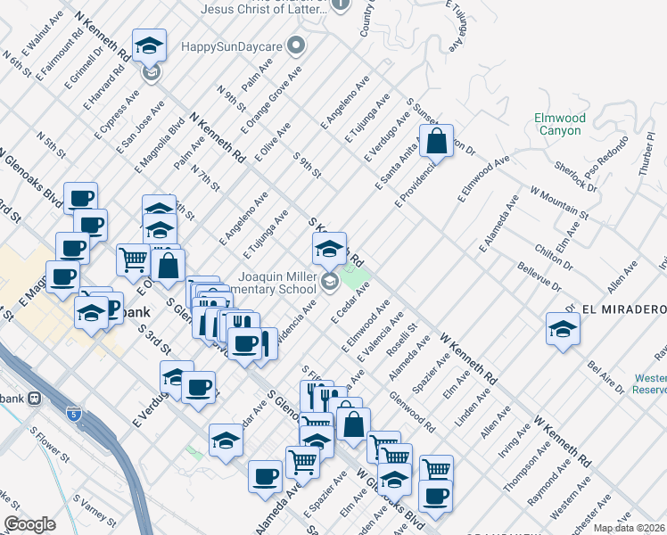 map of restaurants, bars, coffee shops, grocery stores, and more near 719 East Providencia Avenue in Burbank