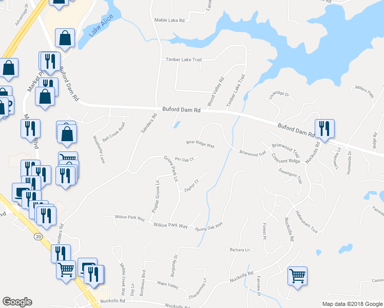 map of restaurants, bars, coffee shops, grocery stores, and more near 1165 Pin Oak Court in Cumming
