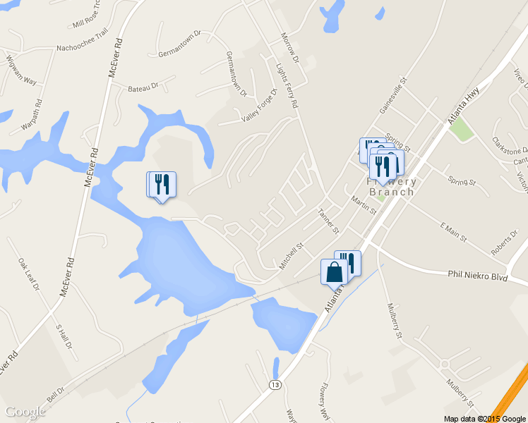 map of restaurants, bars, coffee shops, grocery stores, and more near 6578 Above Tide Place in Flowery Branch