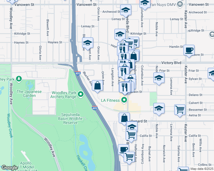 map of restaurants, bars, coffee shops, grocery stores, and more near 6224 Orion Avenue in Los Angeles
