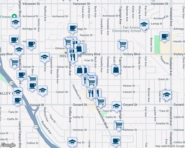 map of restaurants, bars, coffee shops, grocery stores, and more near 6235 Beck Avenue in Los Angeles