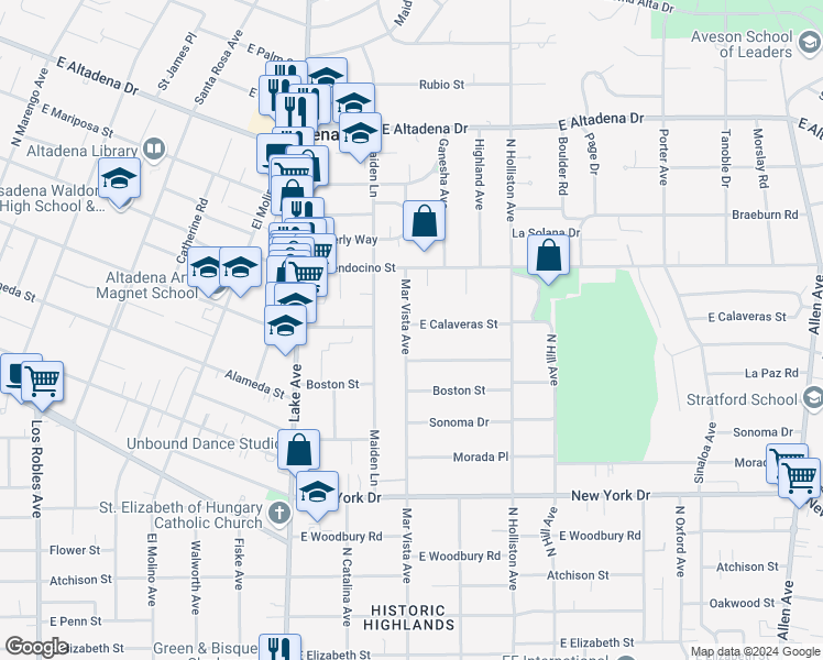 map of restaurants, bars, coffee shops, grocery stores, and more near 2216 Mar Vista Avenue in Altadena