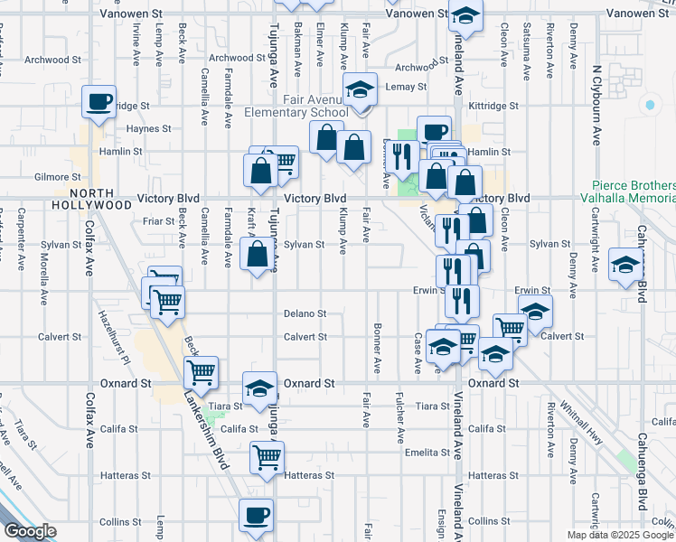 map of restaurants, bars, coffee shops, grocery stores, and more near 6223 Klump Avenue in Los Angeles