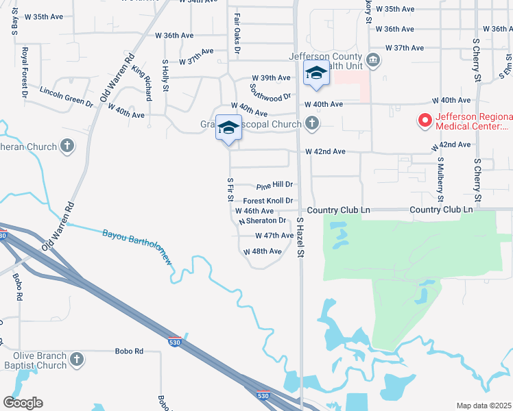 map of restaurants, bars, coffee shops, grocery stores, and more near 2405 North Sheraton Drive in Pine Bluff