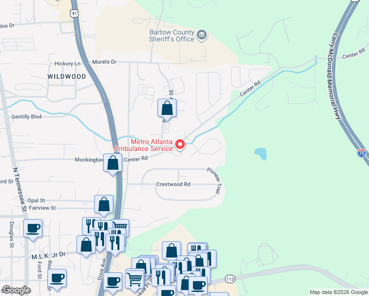 map of restaurants, bars, coffee shops, grocery stores, and more near 74 Center Road in Cartersville