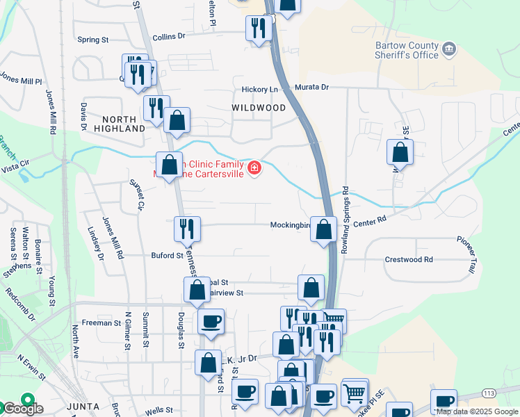 map of restaurants, bars, coffee shops, grocery stores, and more near 101 Lewis Drive in Cartersville