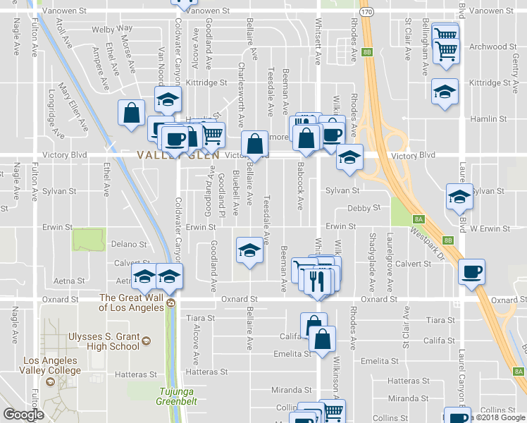 map of restaurants, bars, coffee shops, grocery stores, and more near 6225 Teesdale Avenue in Los Angeles