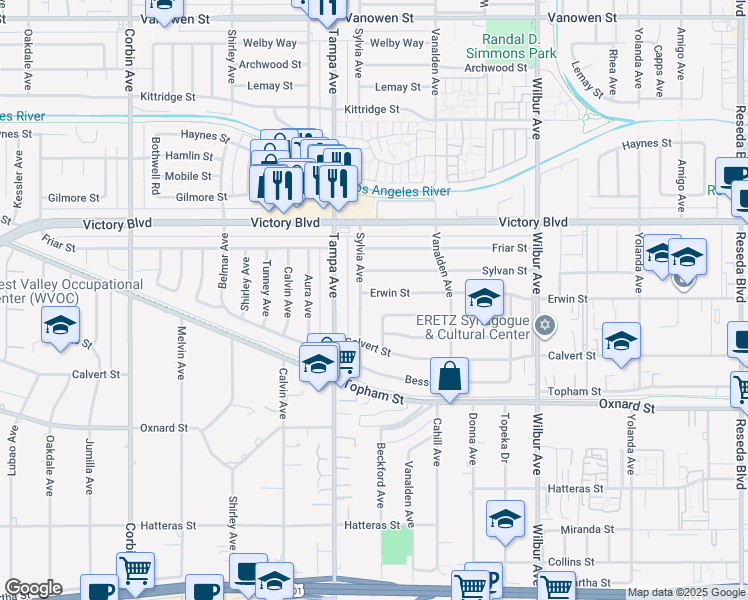 map of restaurants, bars, coffee shops, grocery stores, and more near 19218 Erwin Street in Los Angeles