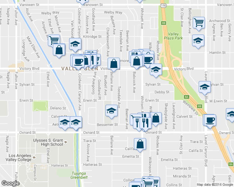 map of restaurants, bars, coffee shops, grocery stores, and more near 6225 Teesdale Avenue in Los Angeles