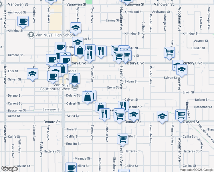 map of restaurants, bars, coffee shops, grocery stores, and more near 14134 Erwin Street in Los Angeles
