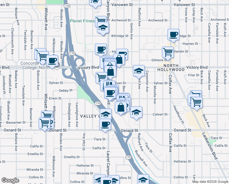 map of restaurants, bars, coffee shops, grocery stores, and more near 6227 Agnes Avenue in Los Angeles