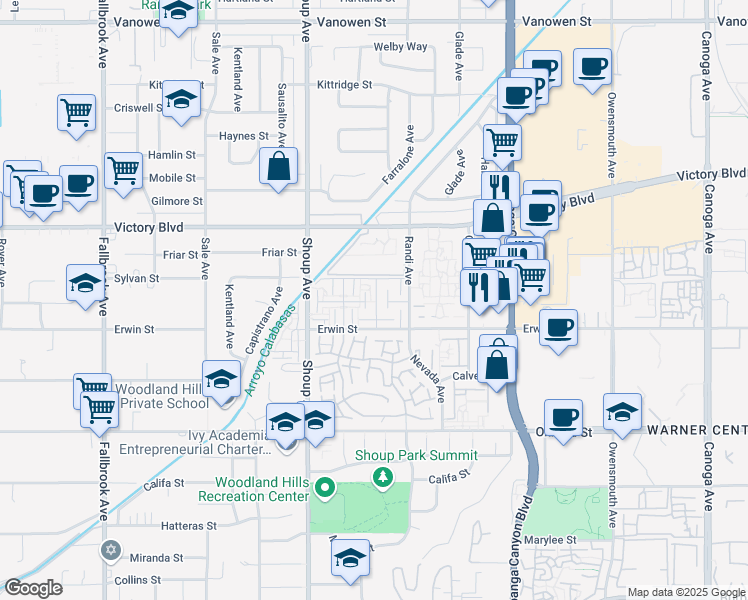 map of restaurants, bars, coffee shops, grocery stores, and more near 22261 1/4 Erwin Street in Los Angeles