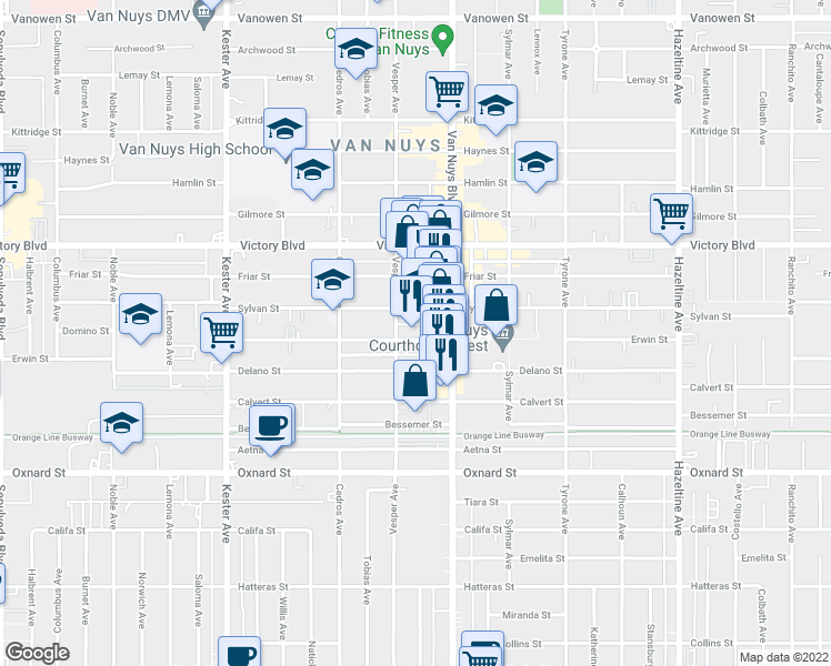 map of restaurants, bars, coffee shops, grocery stores, and more near 14539 Erwin Street in Los Angeles