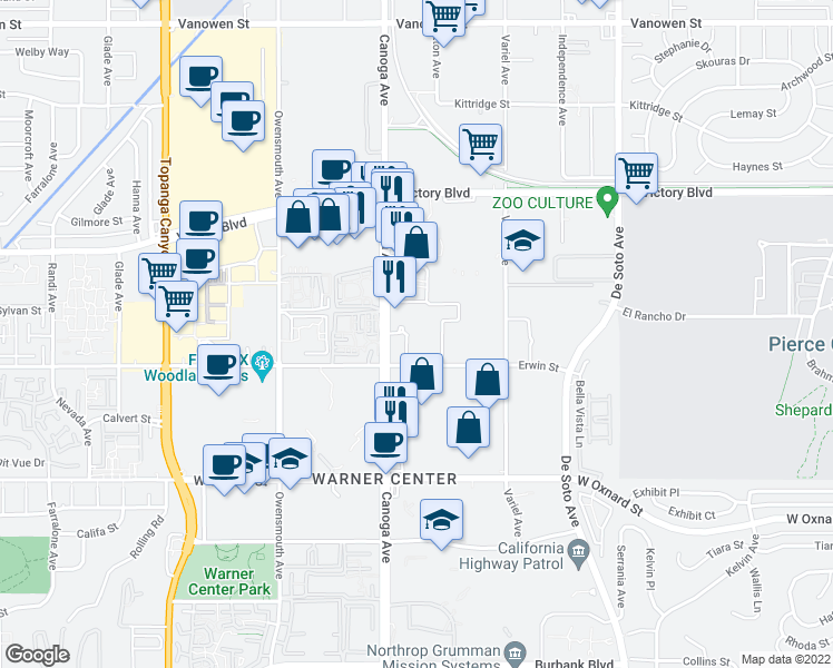 map of restaurants, bars, coffee shops, grocery stores, and more near 21301 Erwin Street in Los Angeles