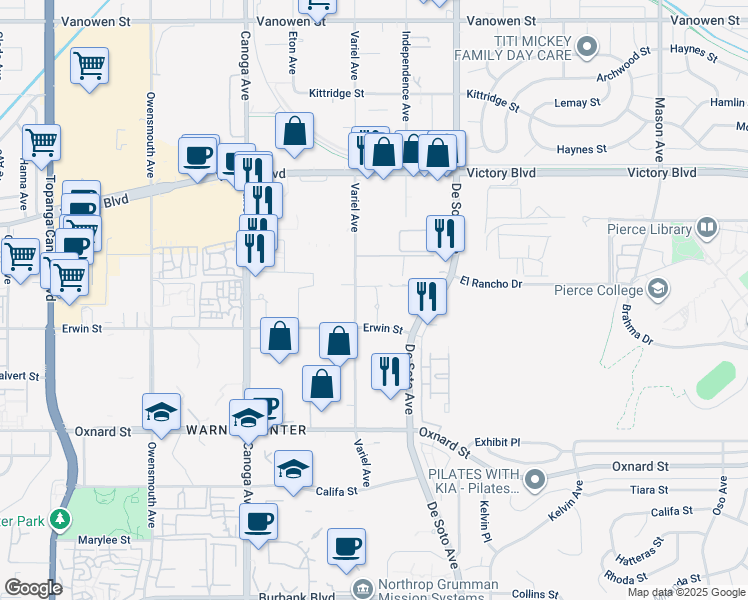 map of restaurants, bars, coffee shops, grocery stores, and more near 6200 Variel Avenue in Los Angeles