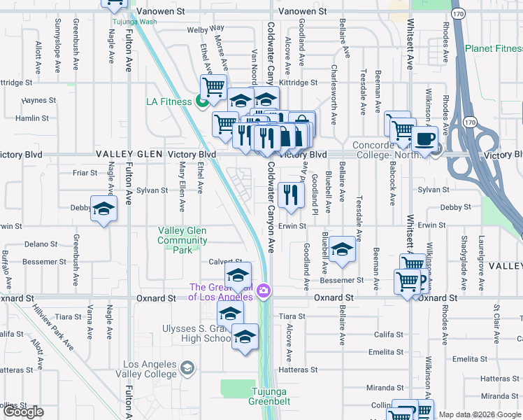 map of restaurants, bars, coffee shops, grocery stores, and more near 6225 Coldwater Canyon Avenue in Los Angeles