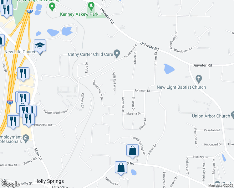 map of restaurants, bars, coffee shops, grocery stores, and more near 325 Split Rail Way in Canton