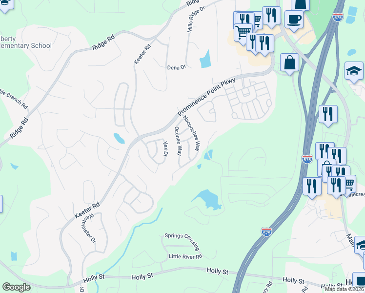 map of restaurants, bars, coffee shops, grocery stores, and more near 225 Oconee Way in Canton
