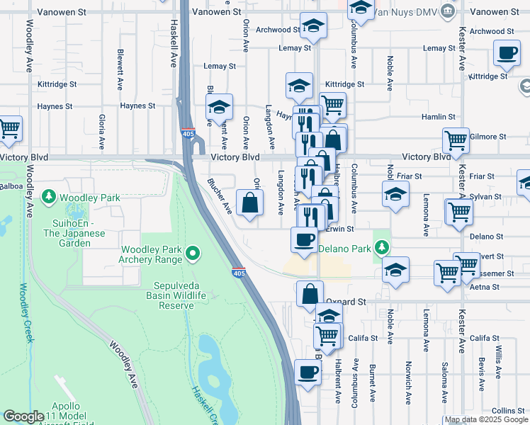 map of restaurants, bars, coffee shops, grocery stores, and more near 6224 Orion Avenue in Los Angeles
