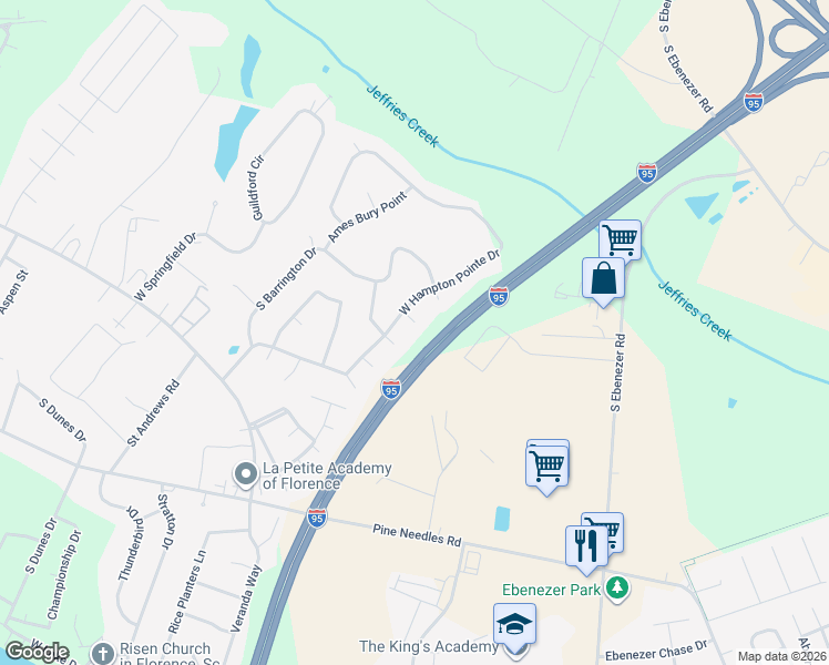 map of restaurants, bars, coffee shops, grocery stores, and more near 407 South Brunswick Court in Florence