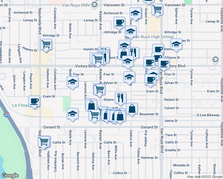 map of restaurants, bars, coffee shops, grocery stores, and more near 14828 Erwin Street in Los Angeles