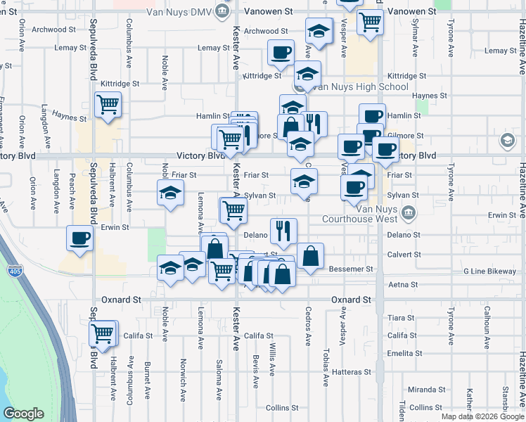 map of restaurants, bars, coffee shops, grocery stores, and more near 14811 Erwin Street in Los Angeles