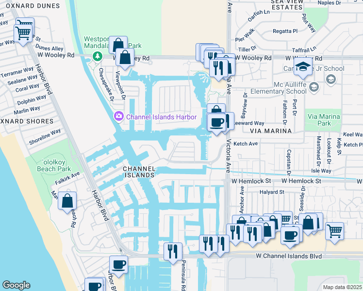 map of restaurants, bars, coffee shops, grocery stores, and more near 4072 Farralon Way in Oxnard
